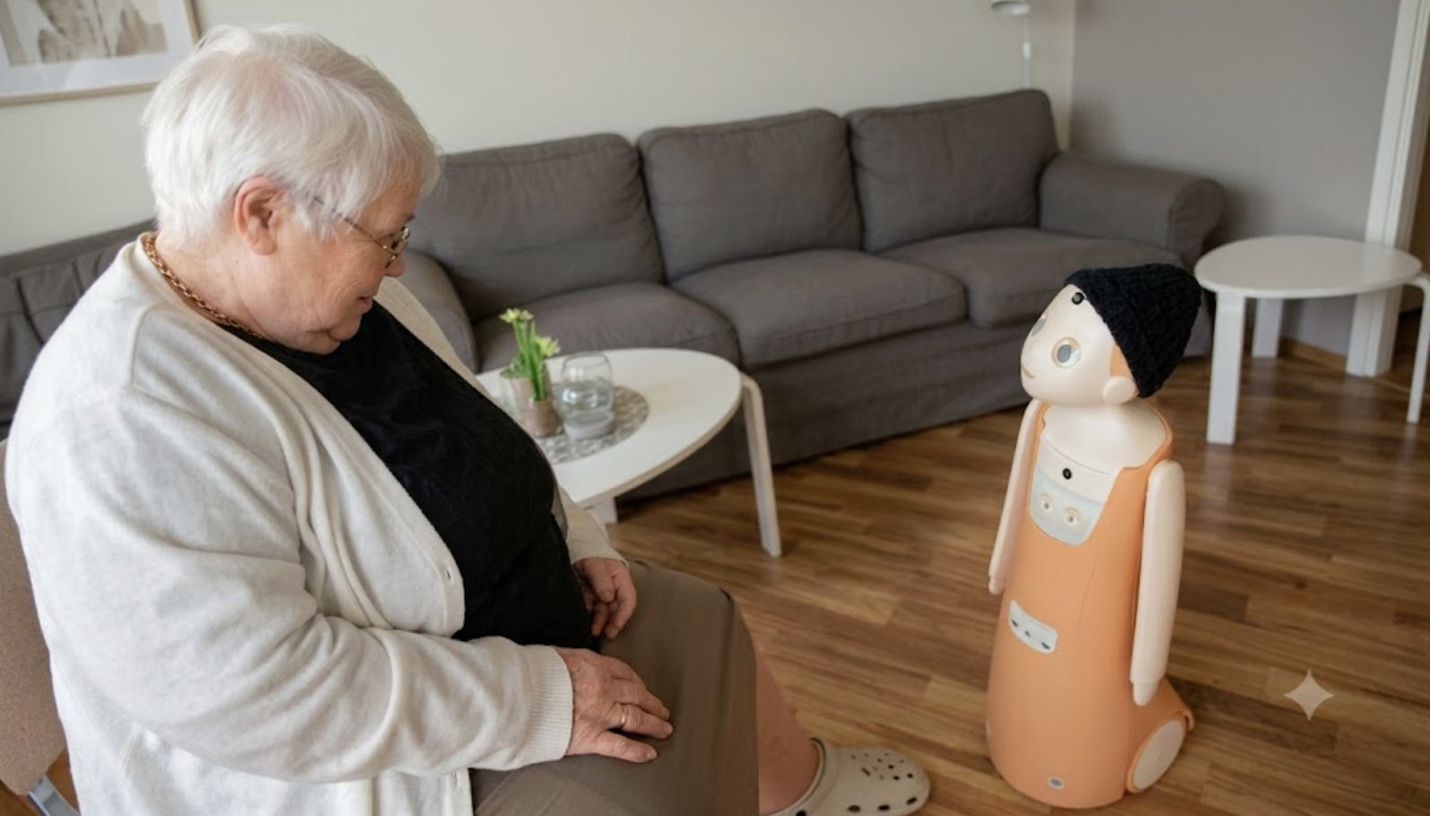 Ältere Frau sitzt einem kleinen Roboter gegenüber im Wohnzimmer.